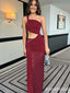 Sexy Burgundy One-Shoulder Long Mermaid Prom Dress, Cut Out Lace Evening Dress, PD382120