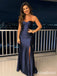 Elegant Navy Blue Sweetheart Strapless Corset Long Mermaid Evening Dress with Slit, Prom Dress, PD382122