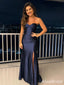Elegant Navy Blue Sweetheart Strapless Corset Long Mermaid Evening Dress with Slit, Prom Dress, PD382122