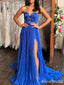 Gorgeous Royal Blue Strapless Side Slit Long Evening Dress with Bow Detailing, Prom Dress, PD382123