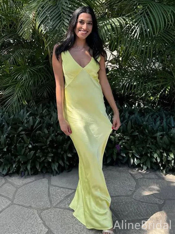 Simple V-neck Yellow Straps Mermaid Long Prom Dress,Evening Dress,PD382125