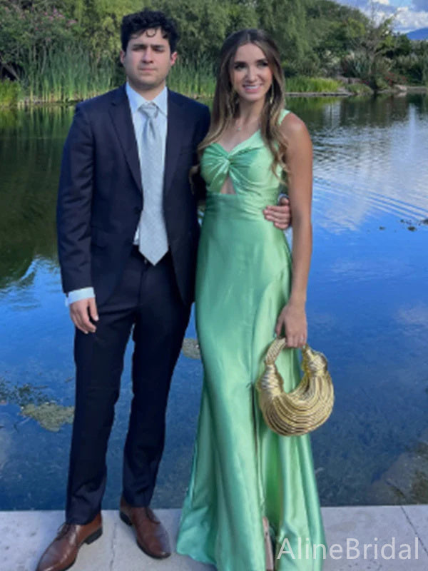 Elegant Green One-Shoulder Twist-Knot Long Mermaid Prom Dress with Cut-Out, Evening Dress, PD382131