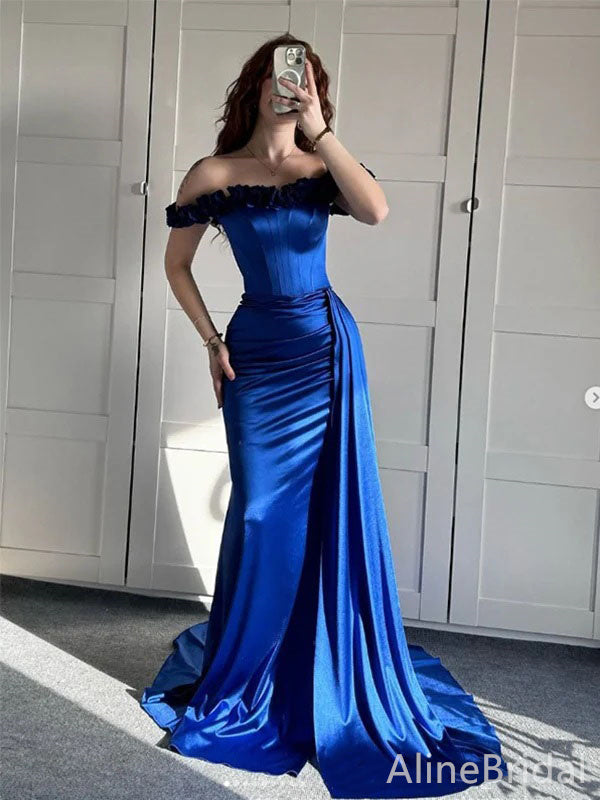 Elegant Navy-Blue Off-Shoulder Lace-up Mermaid Prom Dress with Trailing, Evening Dress, PD382133