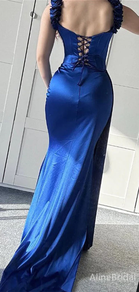 Elegant Navy-Blue Off-Shoulder Lace-up Mermaid Prom Dress with Trailing, Evening Dress, PD382133