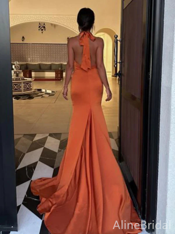 Elegant Burnt Orange Halter Backless Mermaid Long Prom Dress, Evening Dress, PD382134