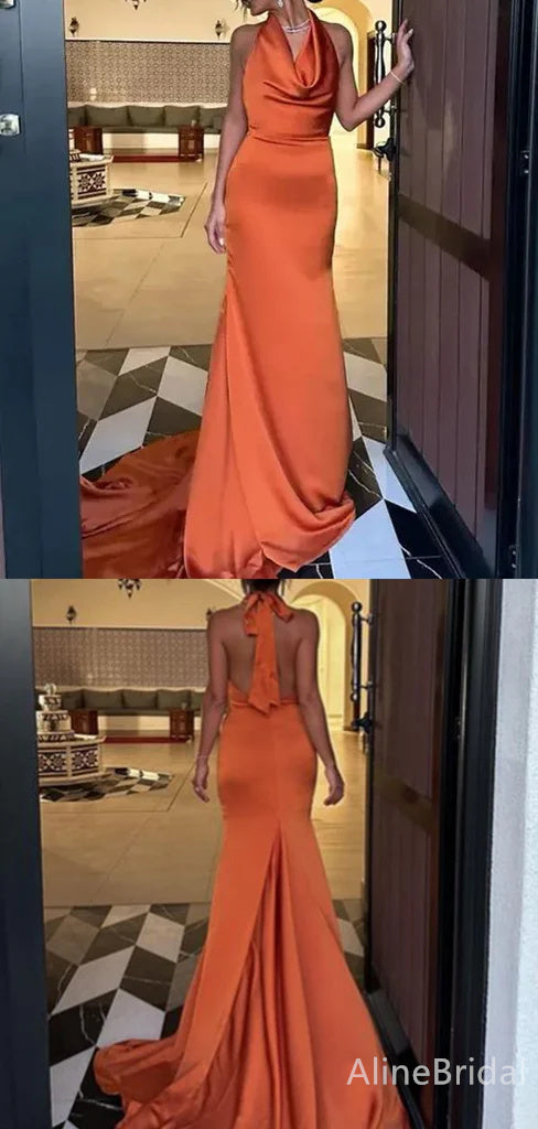 Elegant Burnt Orange Halter Backless Mermaid Long Prom Dress, Evening Dress, PD382134