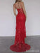 Sexy Red Lace Appliqué Sheer Spaghetti Strap Long Mermaid Evening Gown, Evening Dress, PD382135