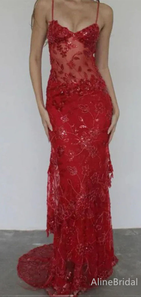 Sexy Red Lace Appliqué Sheer Spaghetti Strap Long Mermaid Evening Gown, Evening Dress, PD382135