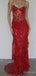 Sexy Red Lace Appliqué Sheer Spaghetti Strap Long Mermaid Evening Gown, Evening Dress, PD382135