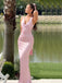 Sexy V-neck Straps Pink Long Mermaid Prom Dress with Bow Detailing, Evening Dress,PD382136