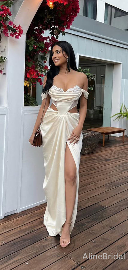 Stunning Ivory Off-Shoulder Pleated Long Mermaid Prom Dress with Slit, Evening Dress, PD382139