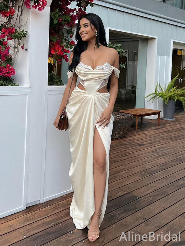 Stunning Ivory Off-Shoulder Pleated Long Mermaid Prom Dress with Slit, Evening Dress, PD382139