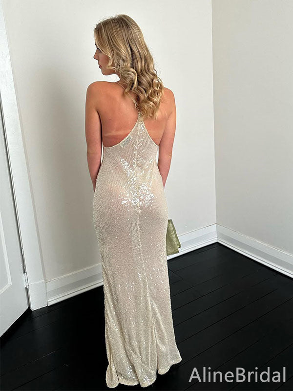 Sparkly Champagne Sequins Spaghetti Strap  Long Mermaid Prom Dress, Evening Dress, PD382154