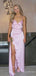 Soft Pink V-neck Spaghetti Strap Long Prom Dress with Side Slit, Evening Dress, PD382163