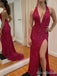 Sexy Red V-neck Halter Lace Long Prom Dress with Side slit, Evening Dress, PD382164