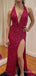 Sexy Red V-neck Halter Lace Long Prom Dress with Side slit, Evening Dress, PD382164