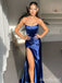 Elegant Satin Blue Strapless Side slit Mermaid Long Prom Dress,Evening Dress,PD382165