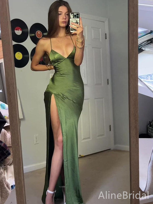 Sexy Green V-neck Spaghetti Strap Satin Backless Long Mermaid Prom Dress with Slit, Evening Dress, PD382171