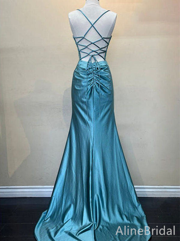 Elegant Blue Spaghetti Strap Backless Fit and Flare Long Prom Dress, Evening Dress, PD382176