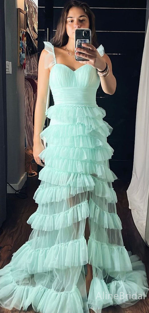 Fresh Green Sweetheart A-line Long Tiered Tulle Prom Dress, Evening Dress, PD382177