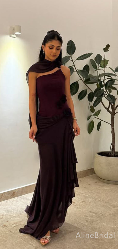 Elegant Dark Plum One-Shoulder  Long Mermaid Prom Dress, Evening Dress, PD382184
