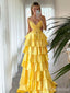 Elegant V-neck Light Yellow Spaghetti Strap A-line Long Prom Dress,Evening Dress,PD382188