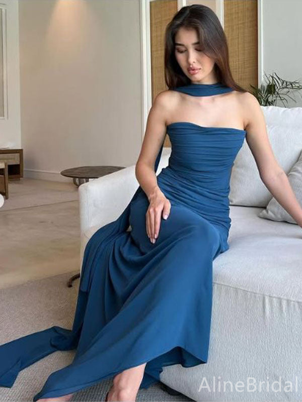 Premium Navy Blue Strapless Flutter Straps Long Prom Dress, Evening Dress, PD382191