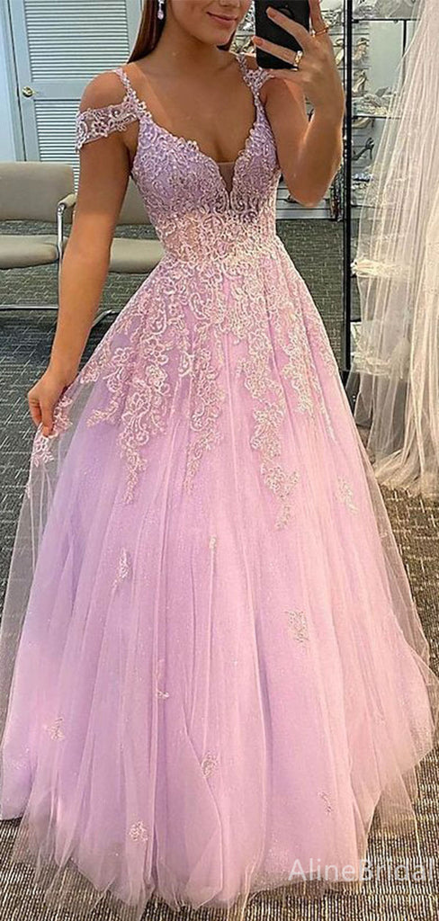 Gorgeous Pink V-neck Off-Shoulder Lace Applique A-line Long Tulle Prom Dress, Evening Dress, PD382192