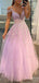 Gorgeous Pink V-neck Off-Shoulder Lace Applique A-line Long Tulle Prom Dress, Evening Dress, PD382192