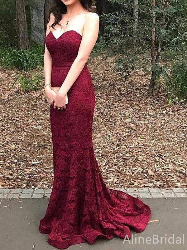 Gorgeous Sweetheart Burgundy Strapless Lace Mermaid Long Prom Dress,Evening Dress,PD382193