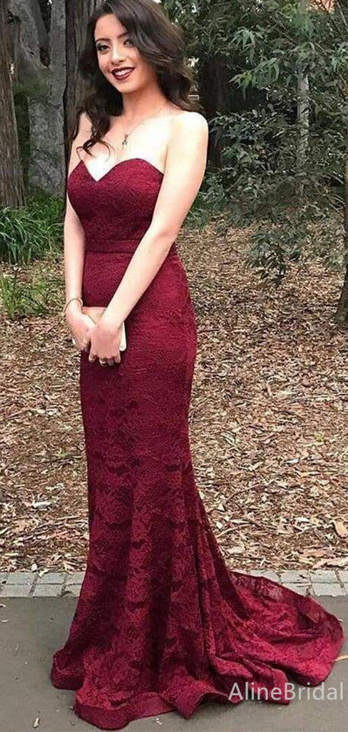 Gorgeous Sweetheart Burgundy Strapless Lace Mermaid Long Prom Dress,Evening Dress,PD382193