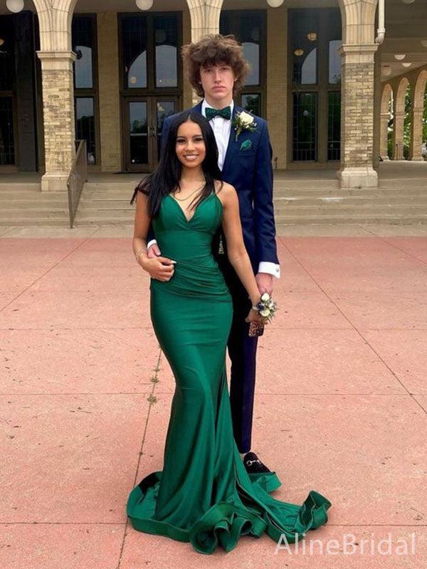 Elegant Green V-neck Mermaid Long Prom Dress with Side Slit ,Evening Dress, PD382196