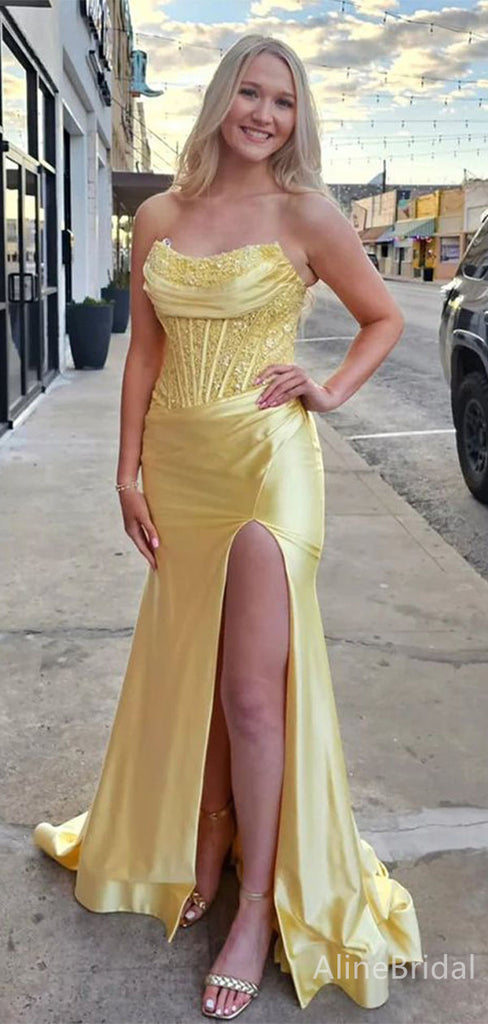 Gorgeous Yellow Strapless Corset Long Mermaid Prom Dress with Side Slit, Evening Dress, PD382201