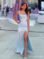 Gorgeous Blue Beadings Sweetheart Spaghetti Strap Mermaid Long Prom Dress with Side Slit, Evening Dress, PD382204