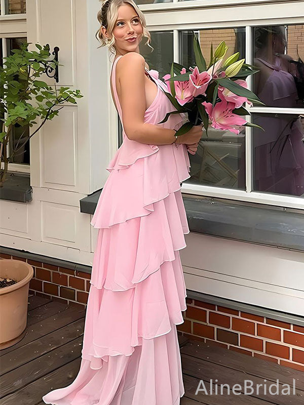 Elegant Pink Halter A-line Long Tiered Prom Dress, Evening Dress, PD382206