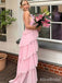 Elegant Pink Halter A-line Long Tiered Prom Dress, Evening Dress, PD382206
