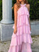 Elegant Pink Halter A-line Long Tiered Prom Dress, Evening Dress, PD382206