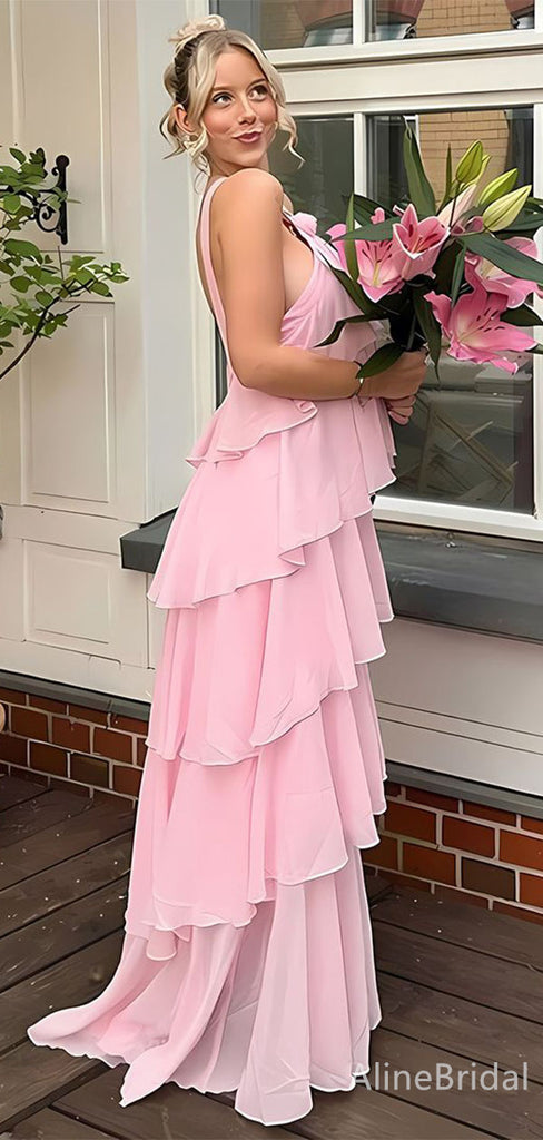 Elegant Pink Halter A-line Long Tiered Prom Dress, Evening Dress, PD382206