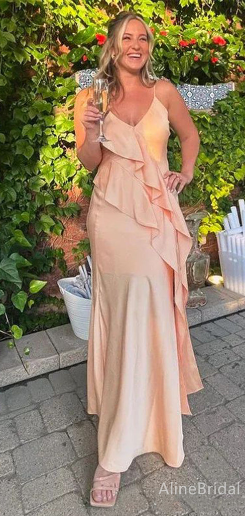 Elegant Peach Pink Spaghetti Strap Long Prom Dress, Evening Dress, PD382207