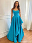 Flashy Peacock Blue V-neck Strapless A-line Irregular Pleats Long Prom Dress,Evening Dress,PD382208