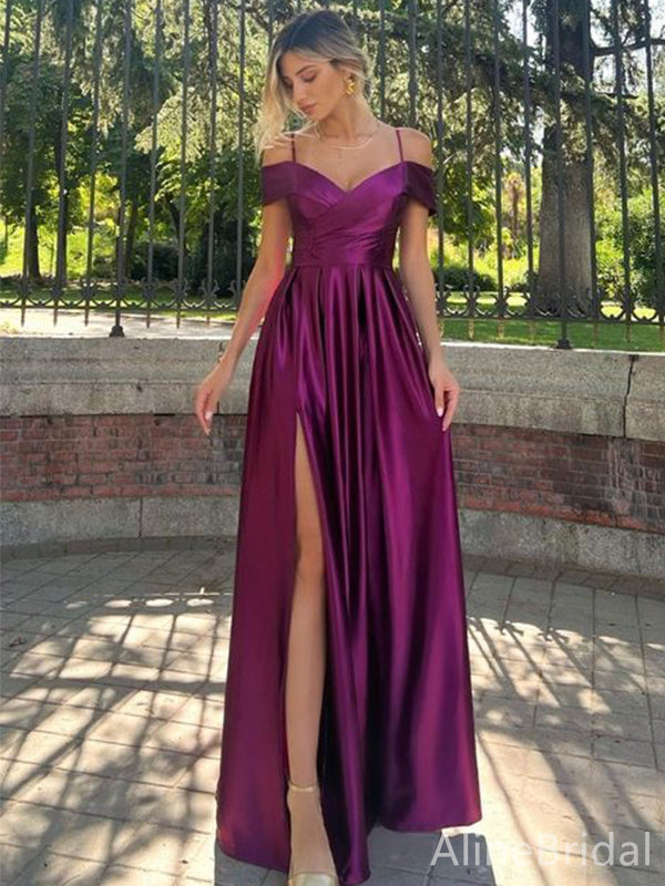 Gorgeous Purple V-neck Off-Shoulder A-line Long Prom Dress with Side Slit, Evening Dress,PD382212