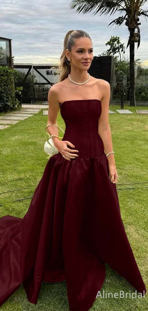 Simple Burgundy Strapless A-line Long Prom Dress,Evening Dress,PD382232