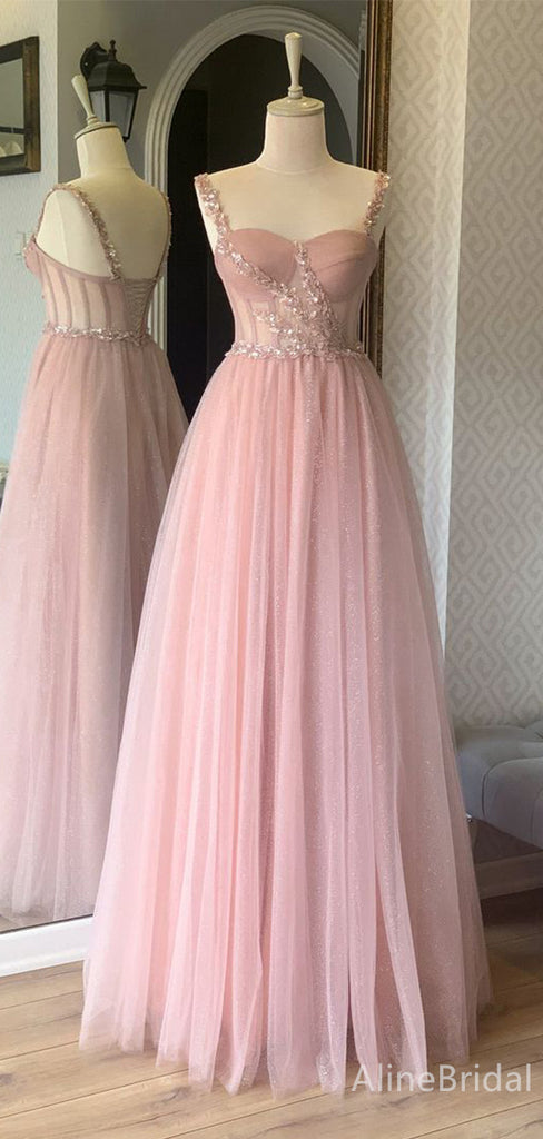 Sweet Pink Sweetheart See Through Bodice A-line Long Prom Dress with Beading, Evening Dress,PD382213