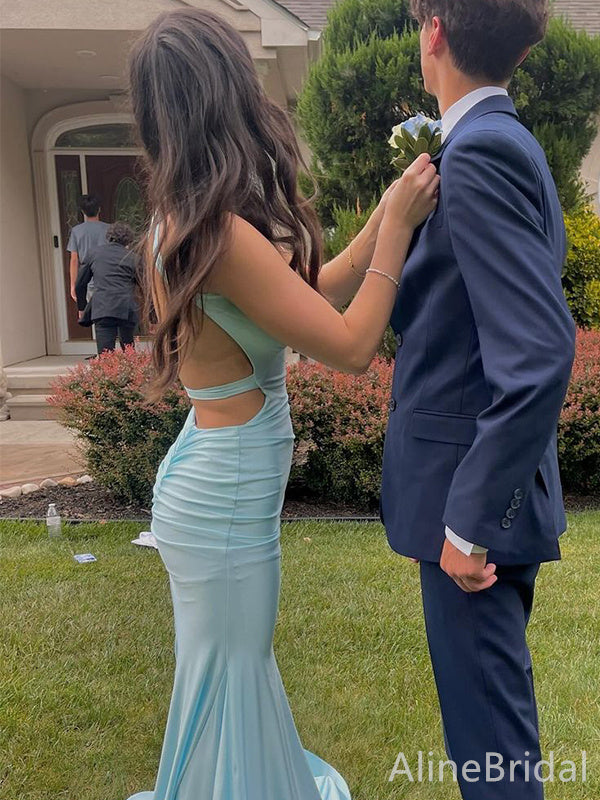 Elegant Blue V-neck Backless Long Mermaid Prom Dress, Evening Dress, PD382217