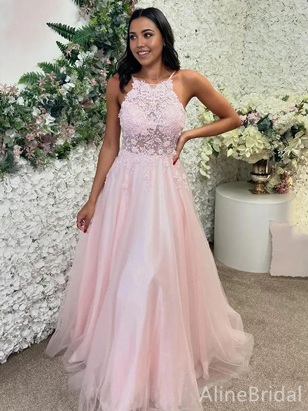 Soft Pink Halter Lace Appliques A-line Long Tulle Prom Dress, Evening Dress, PD382218