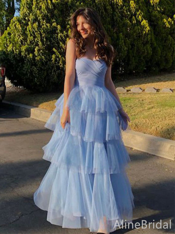 Gorgeous Blue Sweetheart Strapless A-line Long Layered Tulle Prom Dress, Evening Dress, PD382219