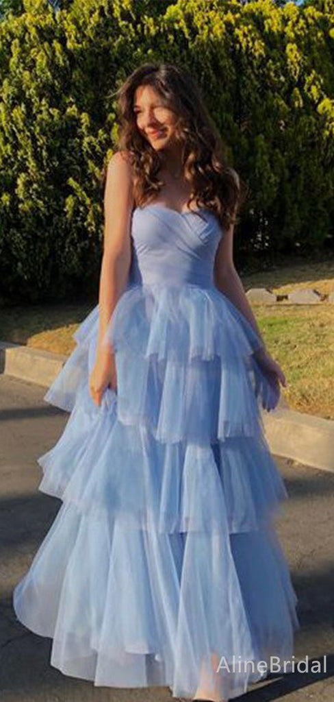 Gorgeous Blue Sweetheart Strapless A-line Long Layered Tulle Prom Dress, Evening Dress, PD382219