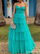 Elegant Teal Sweetheart Strapless A-line Long Tiered Tulle Prom Dress, Evening Dress, PD382221