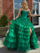 Gorgeous Strapless Green A-line Long Layered Tulle Prom Dress with Slit, Evening Gown, PD382222