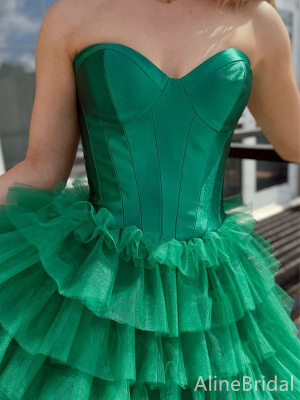 Gorgeous Strapless Green A-line Long Layered Tulle Prom Dress with Slit, Evening Gown, PD382222